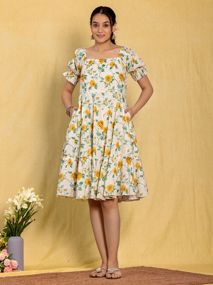 White Floral Flared Dress with Puffed Sleeves