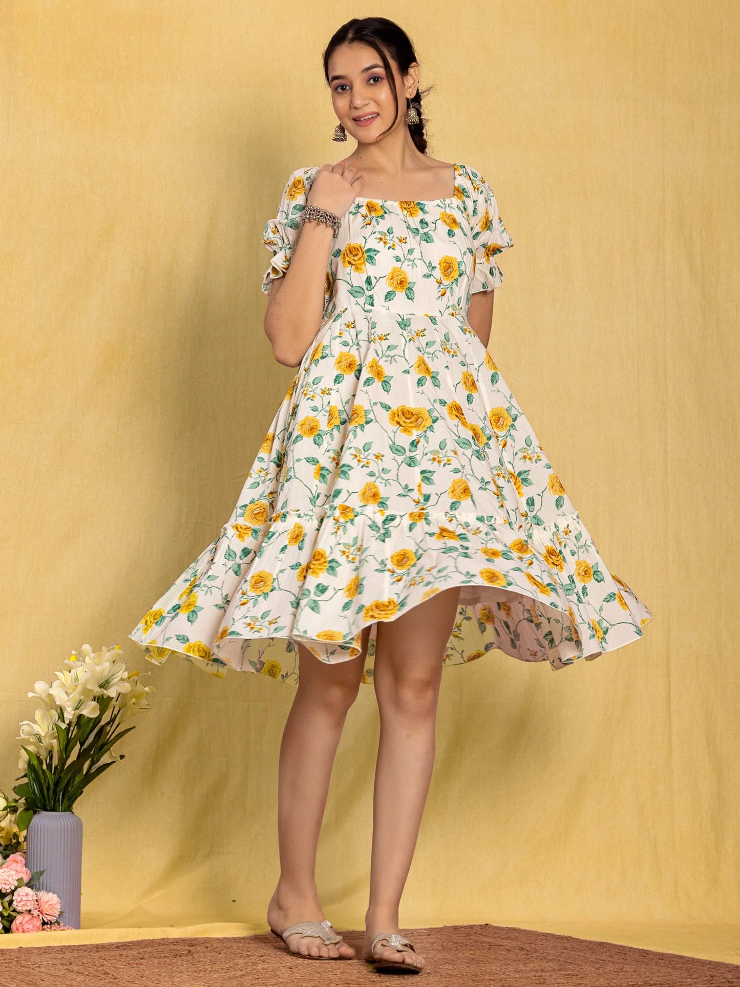 White Floral Flared Dress with Puffed Sleeves