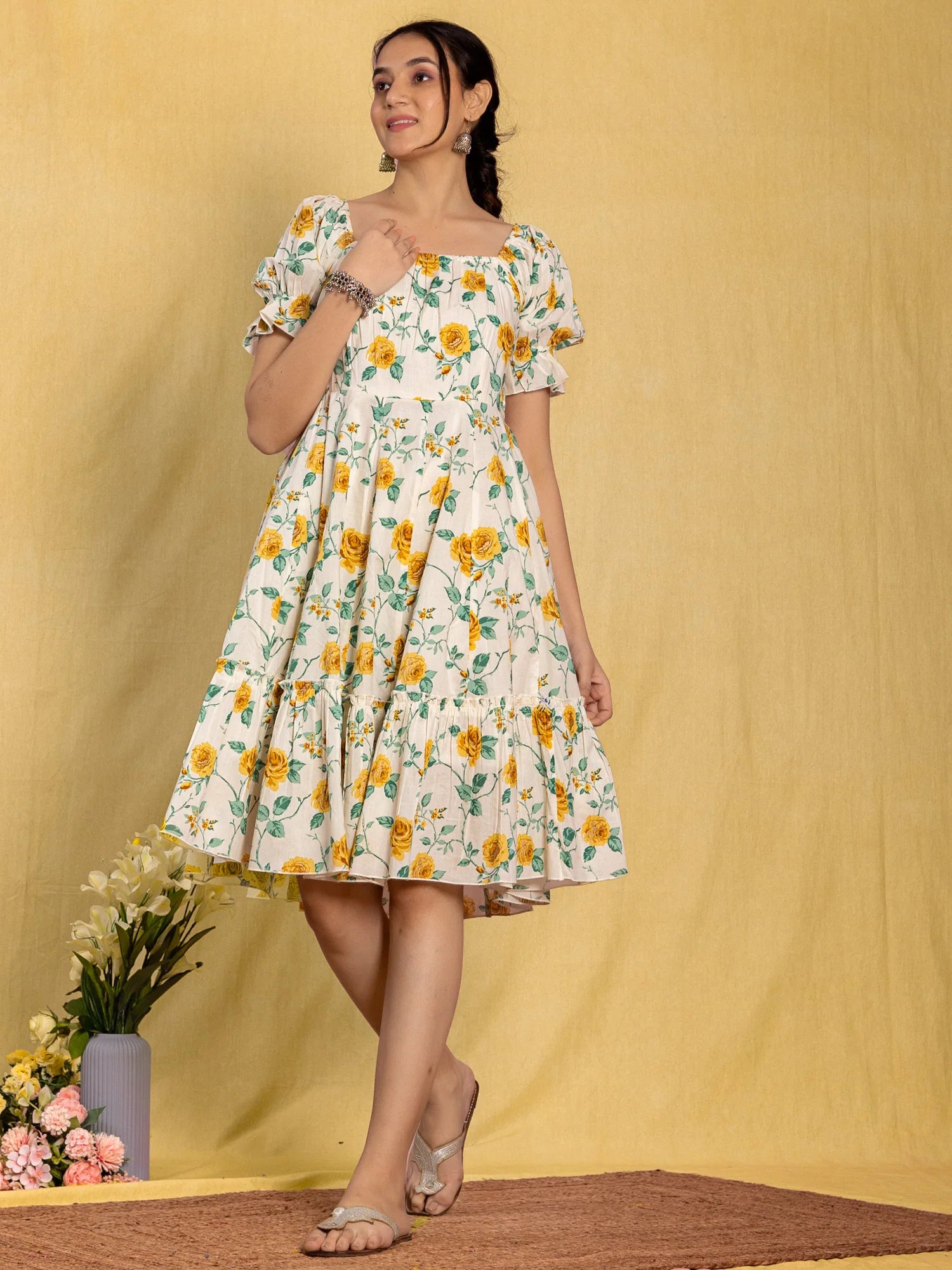 White Floral Flared Dress with Puffed Sleeves