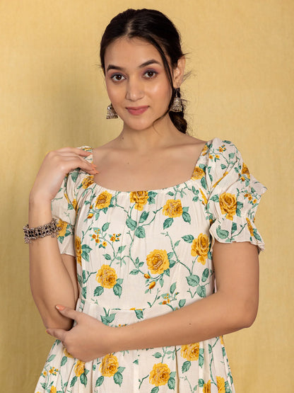 White Floral Flared Dress with Puffed Sleeves