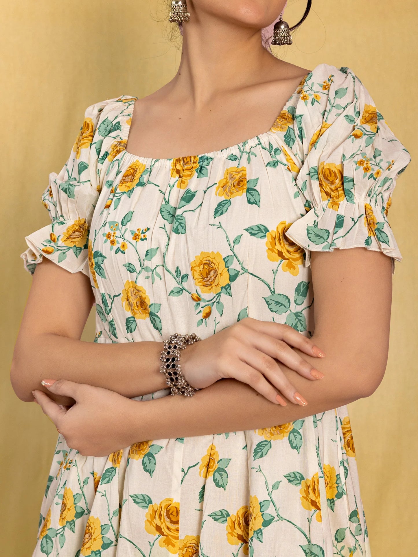 White Floral Flared Dress with Puffed Sleeves