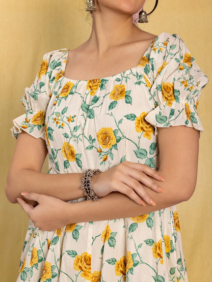 White Floral Flared Dress with Puffed Sleeves