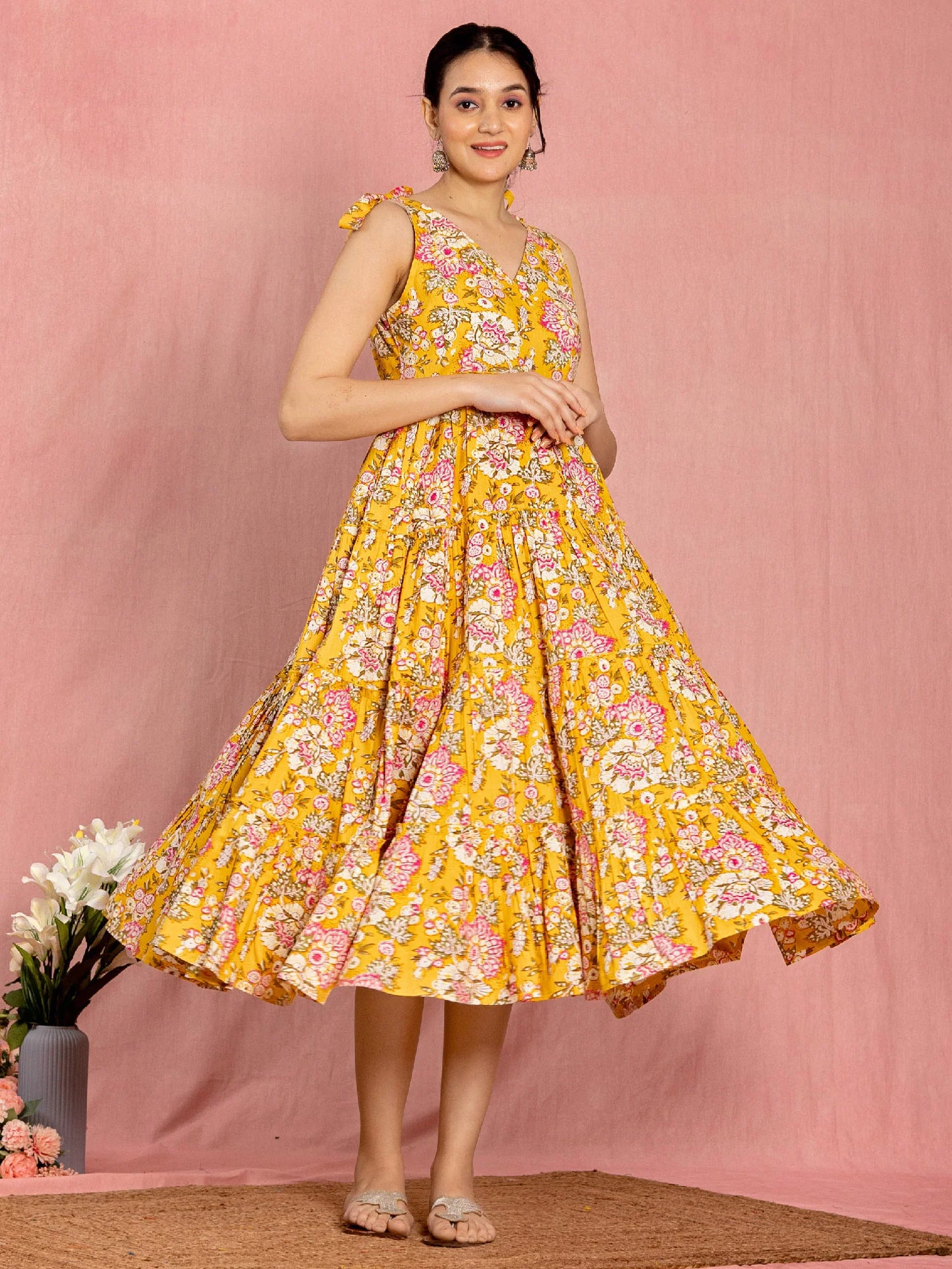 Floral Yellow Cotton Dress with Bow Straps