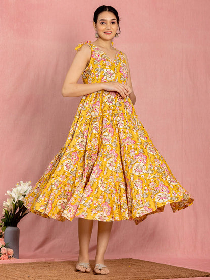 Floral Yellow Cotton Dress with Bow Straps