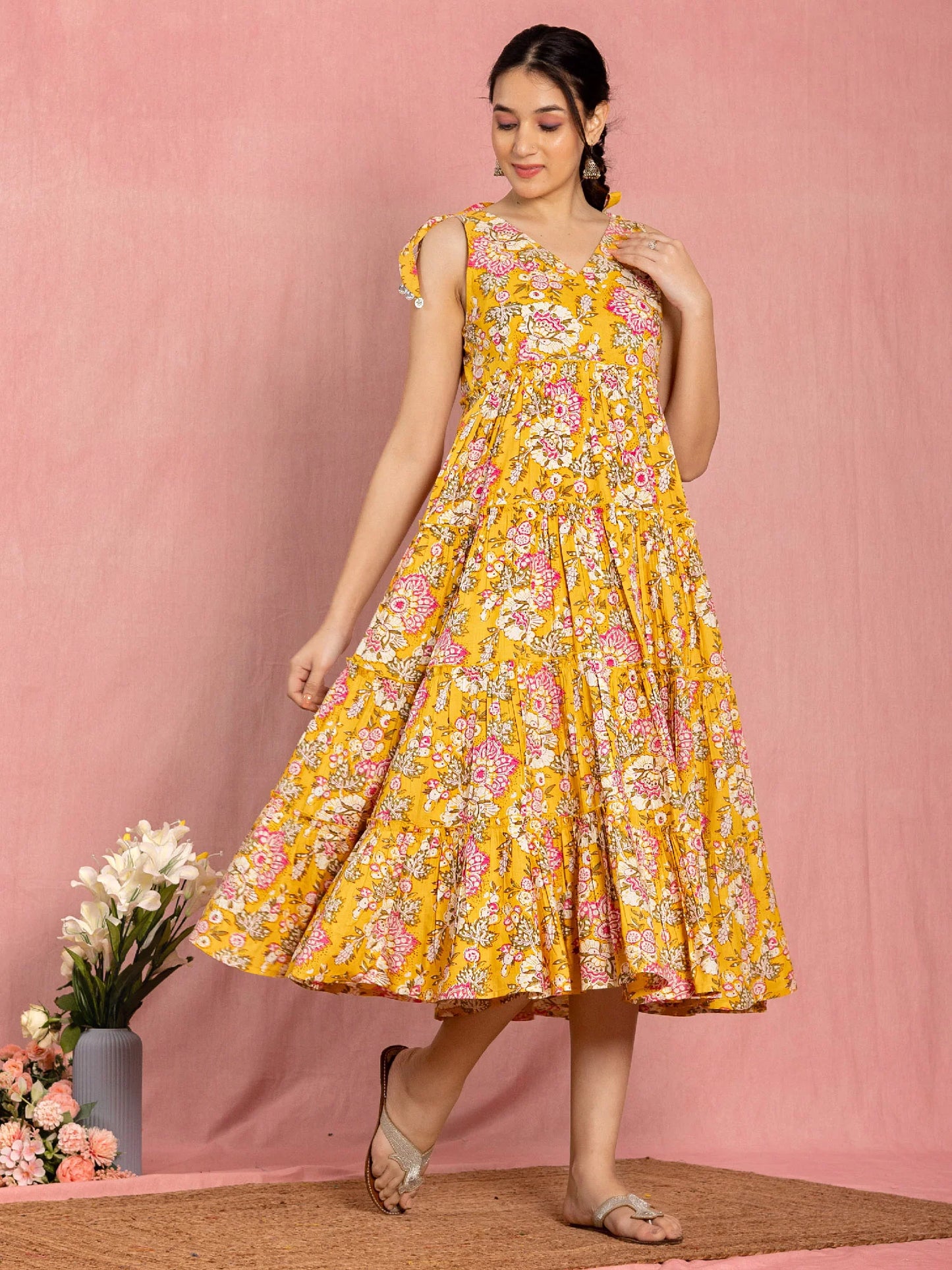 Floral Yellow Cotton Dress with Bow Straps