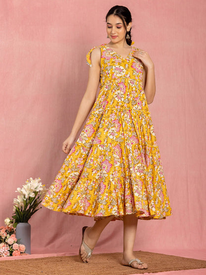 Floral Yellow Cotton Dress with Bow Straps