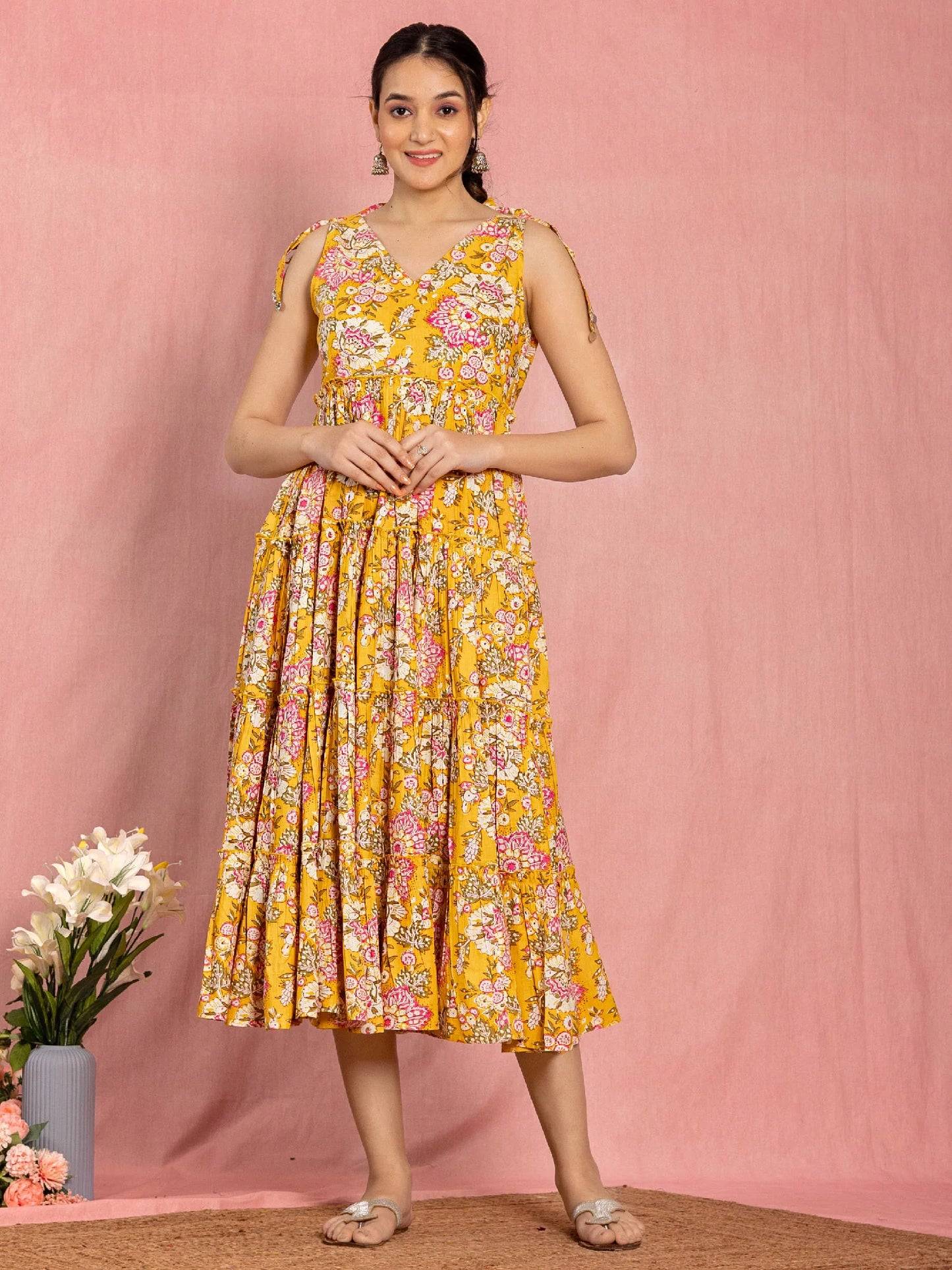 Floral Yellow Cotton Dress with Bow Straps