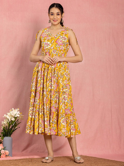 Floral Yellow Cotton Dress with Bow Straps