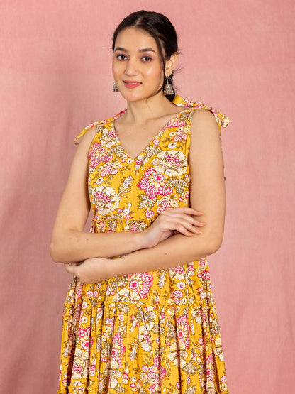 Floral Yellow Cotton Dress with Bow Straps