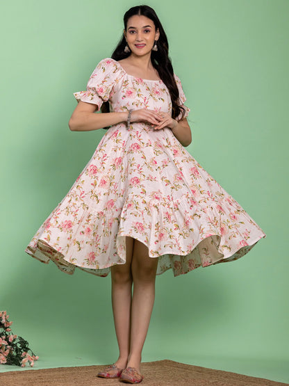Flared Cotton Floral Pink Dress