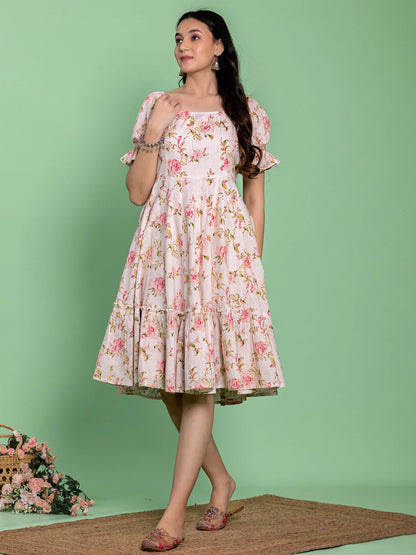 Flared Cotton Floral Pink Dress