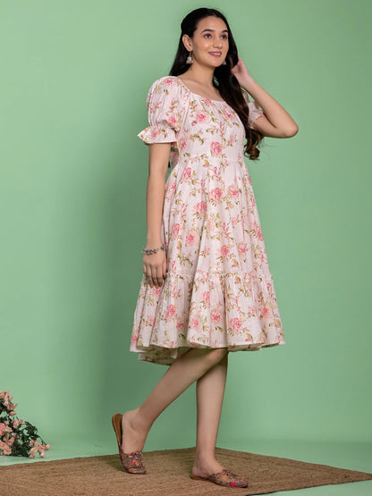 Flared Cotton Floral Pink Dress