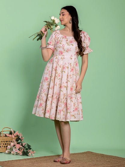Flared Cotton Floral Pink Dress