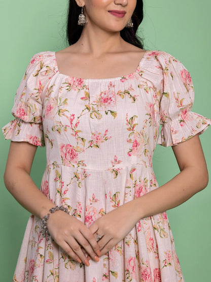 Flared Cotton Floral Pink Dress