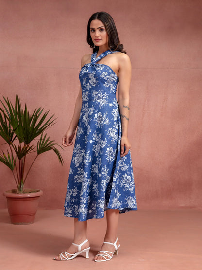 Designer Halter-Neck Blue Floral Dress