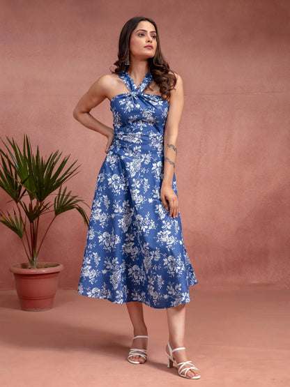 Designer Halter-Neck Blue Floral Dress
