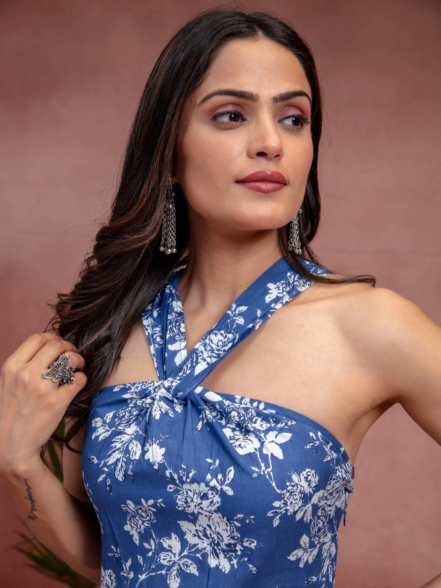 Designer Halter-Neck Blue Floral Dress