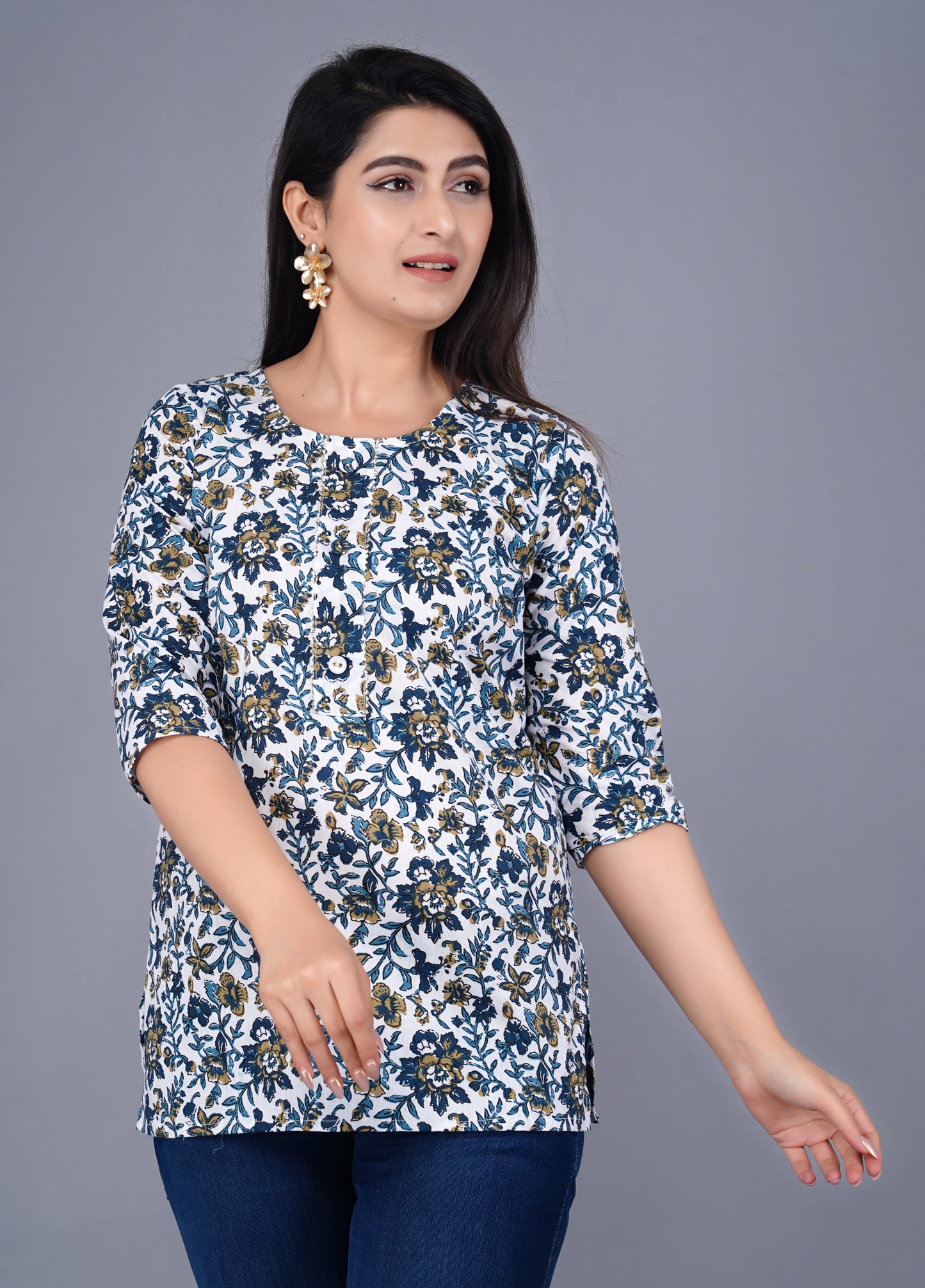 Cotton Blue & White Printed Short Kurti