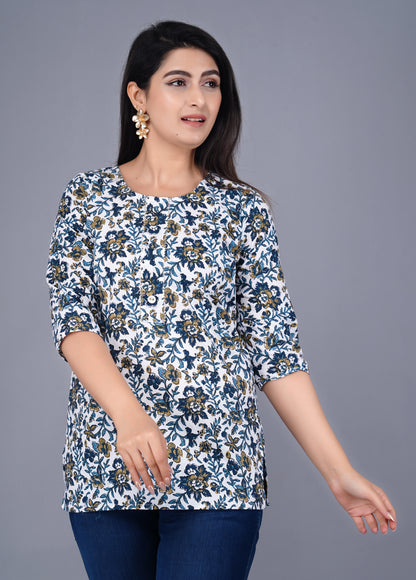 Cotton Blue & White Printed Short Kurti