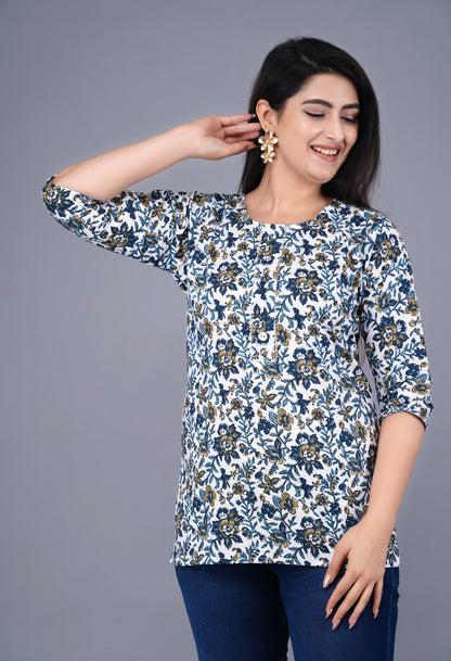 Cotton Blue & White Printed Short Kurti