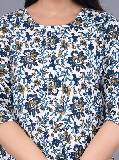Cotton Blue & White Printed Short Kurti