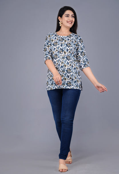 Cotton Blue & White Printed Short Kurti