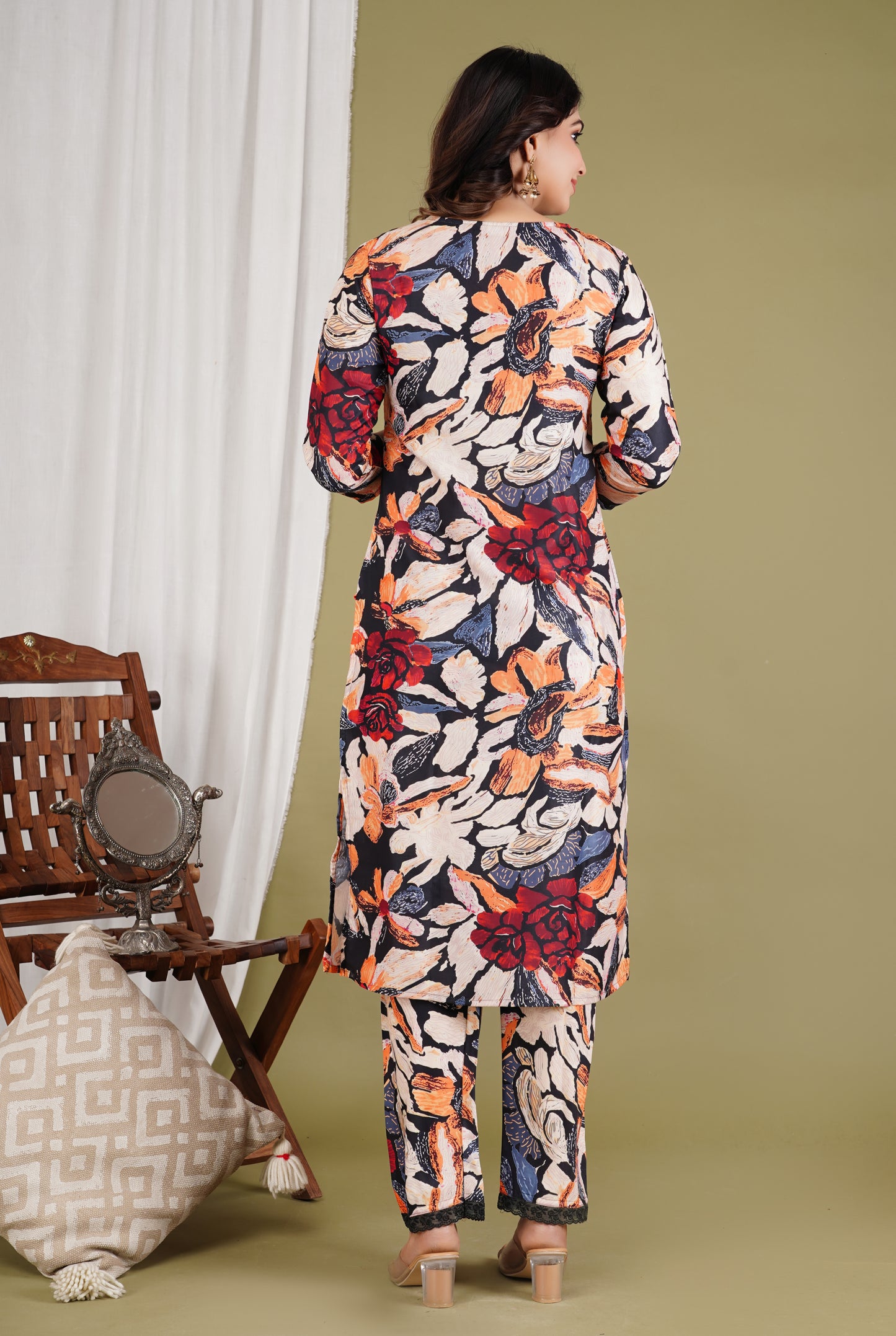 Multicolor Floral Crepe Salwar Suit with Lace Work