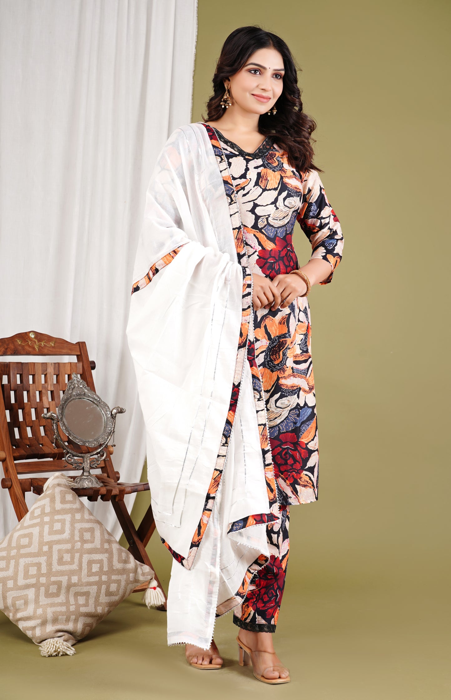 Multicolor Floral Crepe Salwar Suit with Lace Work