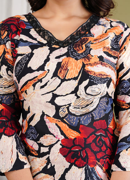 Multicolor Floral Crepe Salwar Suit with Lace Work