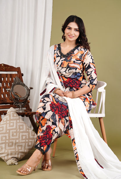 Multicolor Floral Crepe Salwar Suit with Lace Work
