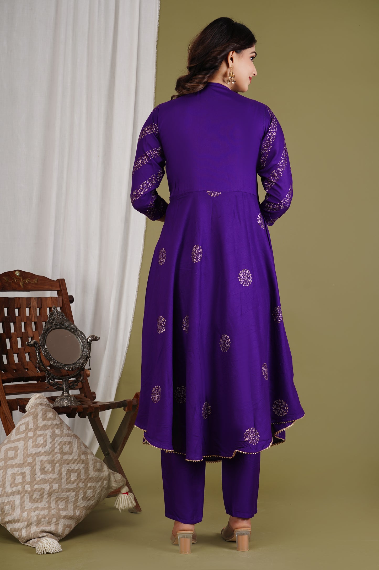 Festive Foil Print Purple Anarkali Three Piece Set