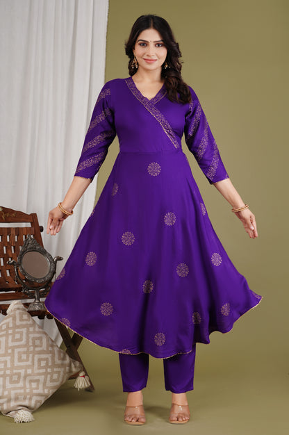 Festive Foil Print Purple Anarkali Three Piece Set