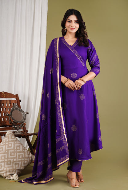 Festive Foil Print Purple Anarkali Three Piece Set