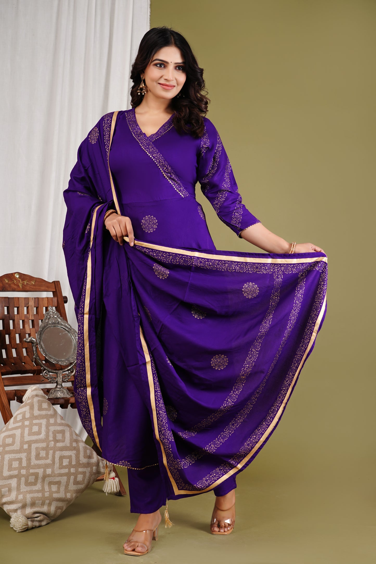 Festive Foil Print Purple Anarkali Three Piece Set