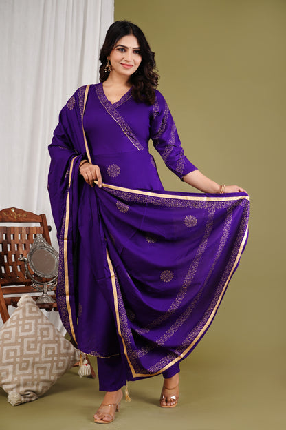 Festive Foil Print Purple Anarkali Three Piece Set