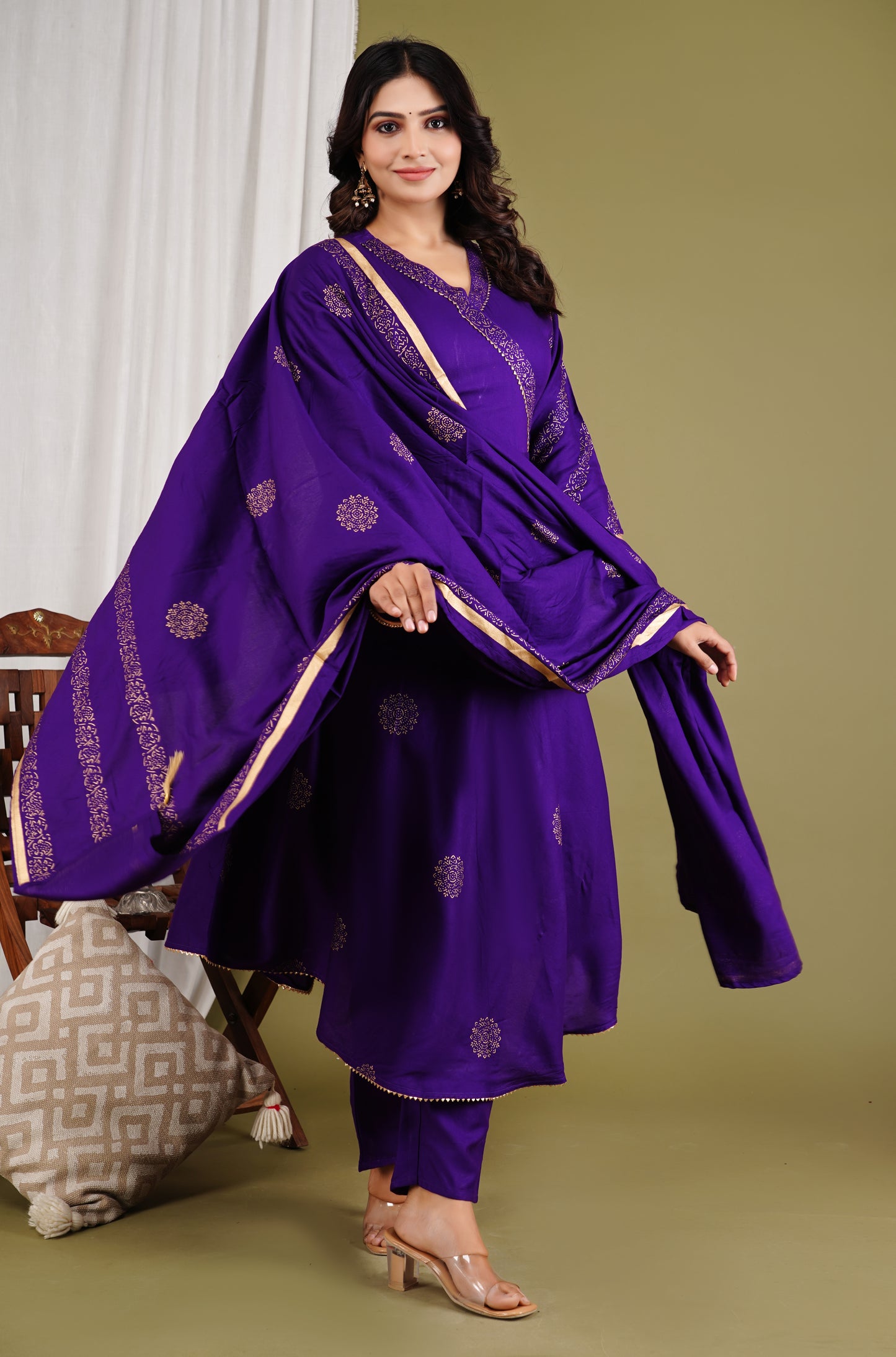 Festive Foil Print Purple Anarkali Three Piece Set