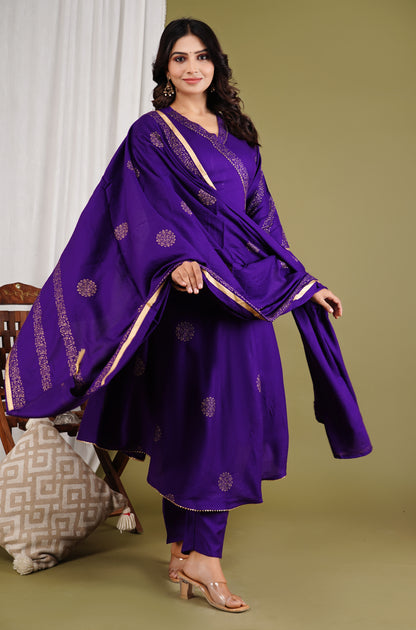 Festive Foil Print Purple Anarkali Three Piece Set
