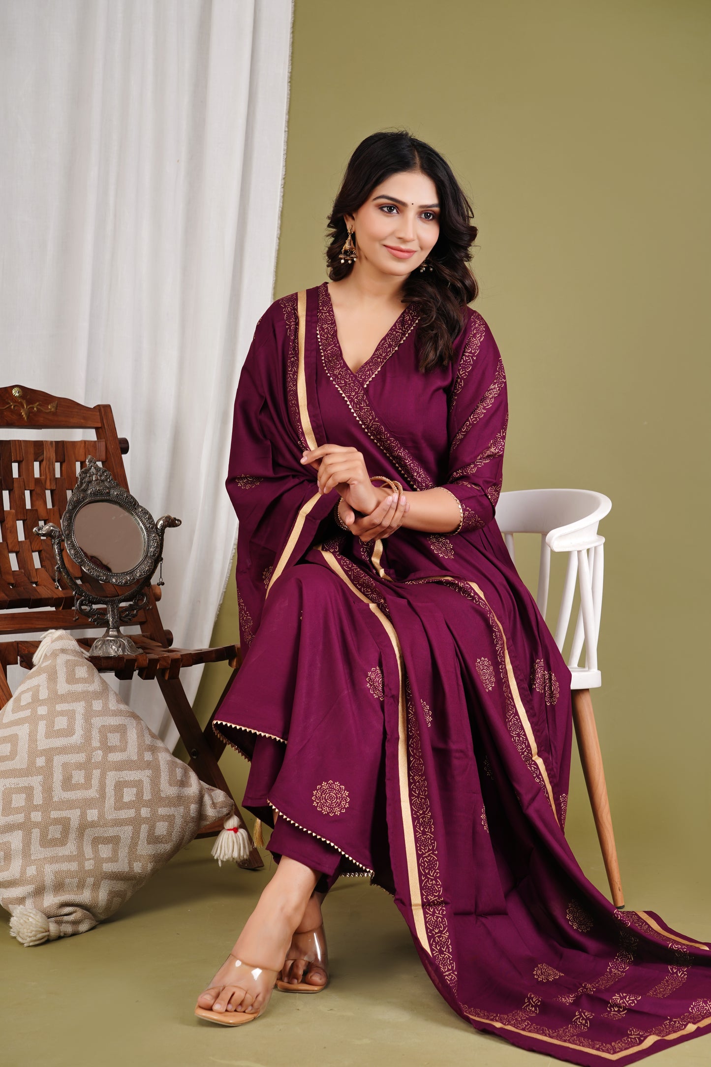 Festive Foil Print Plum Anarkali Three Piece Set