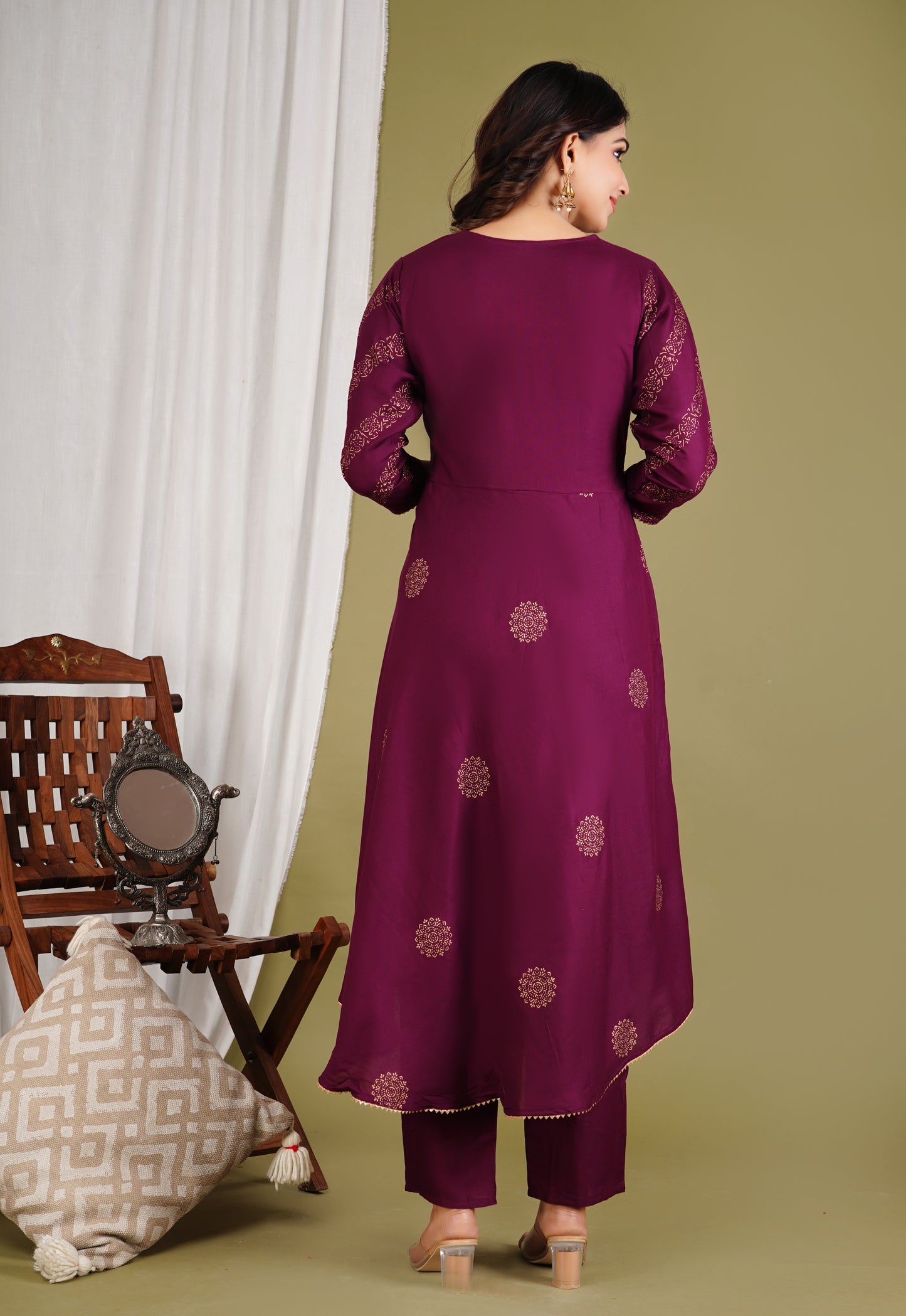 Festive Foil Print Plum Anarkali Three Piece Set