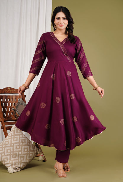Festive Foil Print Plum Anarkali Three Piece Set
