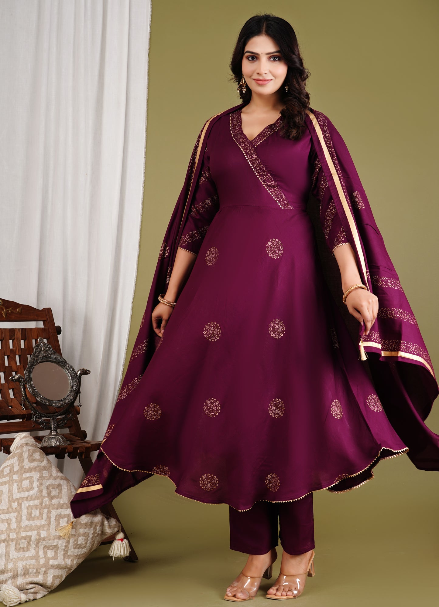 Festive Foil Print Plum Anarkali Three Piece Set