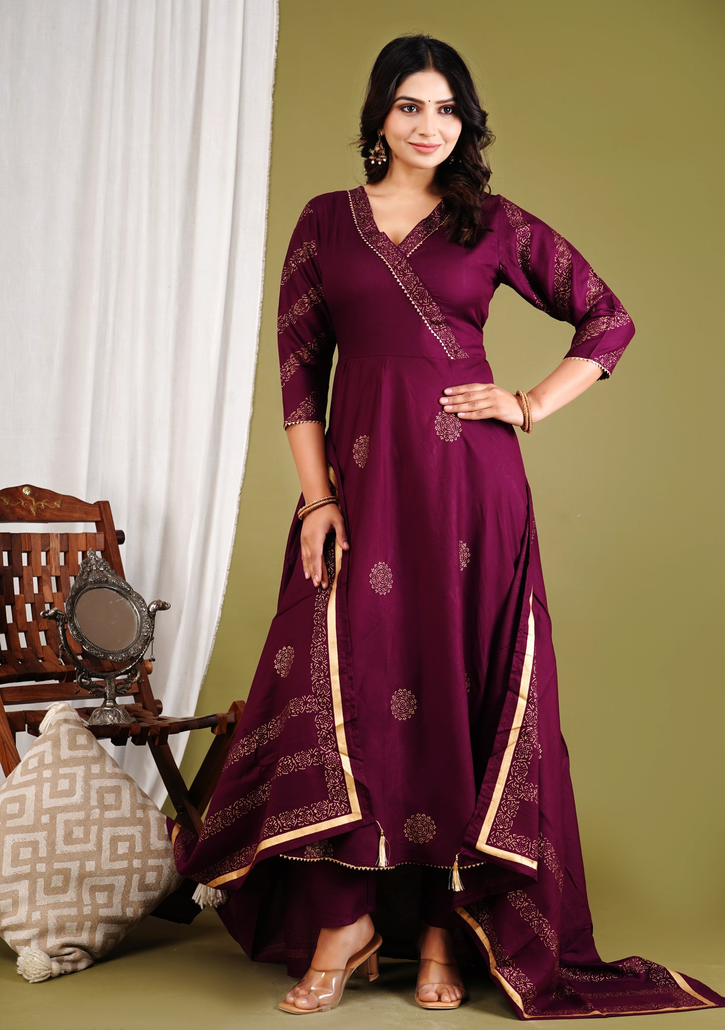 Festive Foil Print Plum Anarkali Three Piece Set