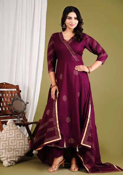 Festive Foil Print Plum Anarkali Three Piece Set