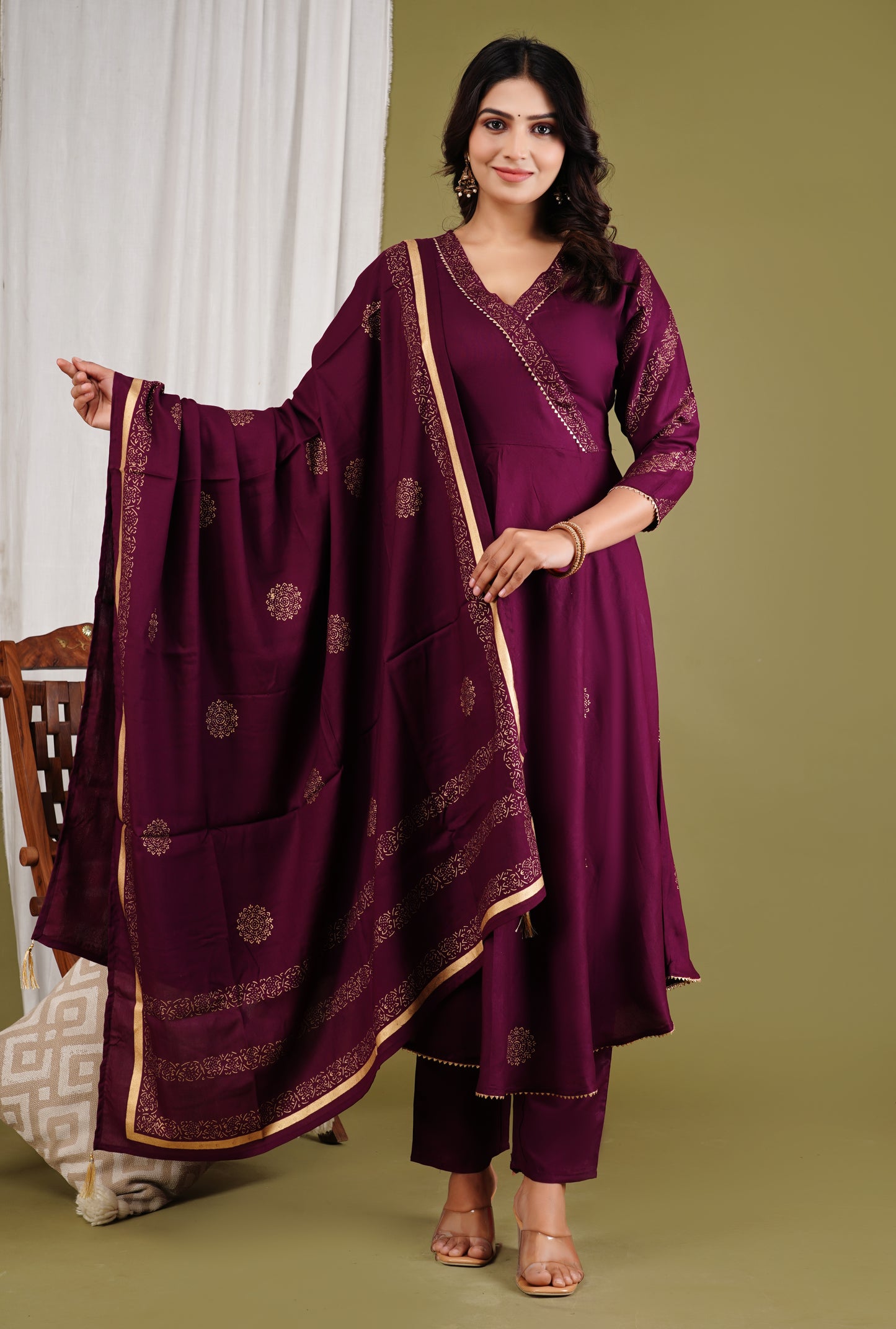 Festive Foil Print Plum Anarkali Three Piece Set