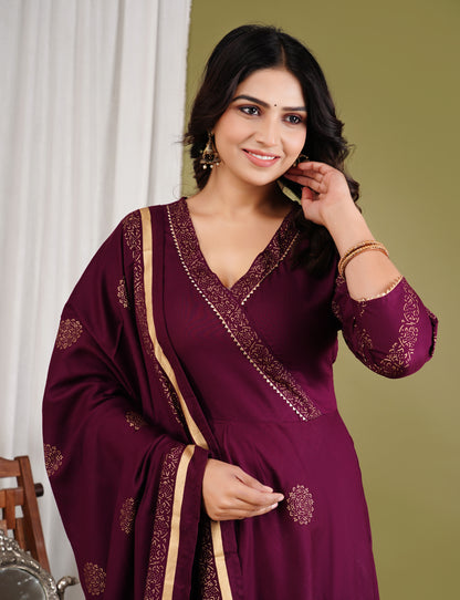 Festive Foil Print Plum Anarkali Three Piece Set