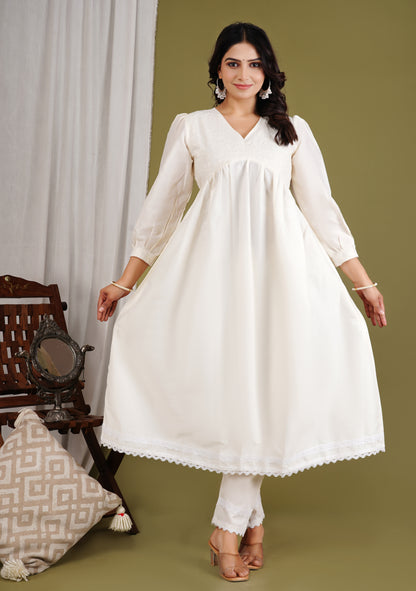 Chanderi Cotton White Applique Embroidery Anarkali Salwar Suit