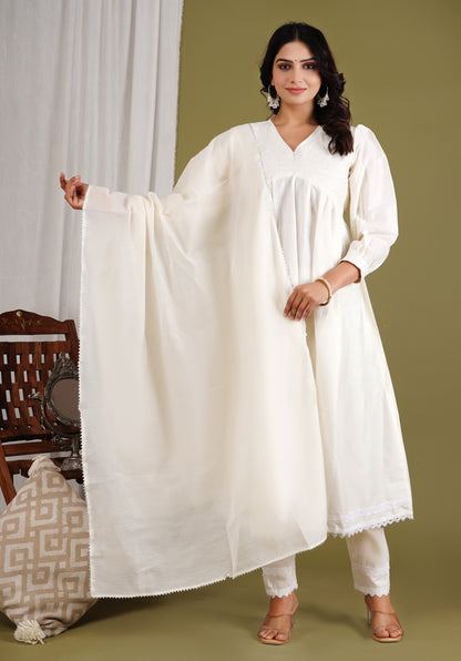 Chanderi Cotton White Applique Embroidery Anarkali Salwar Suit