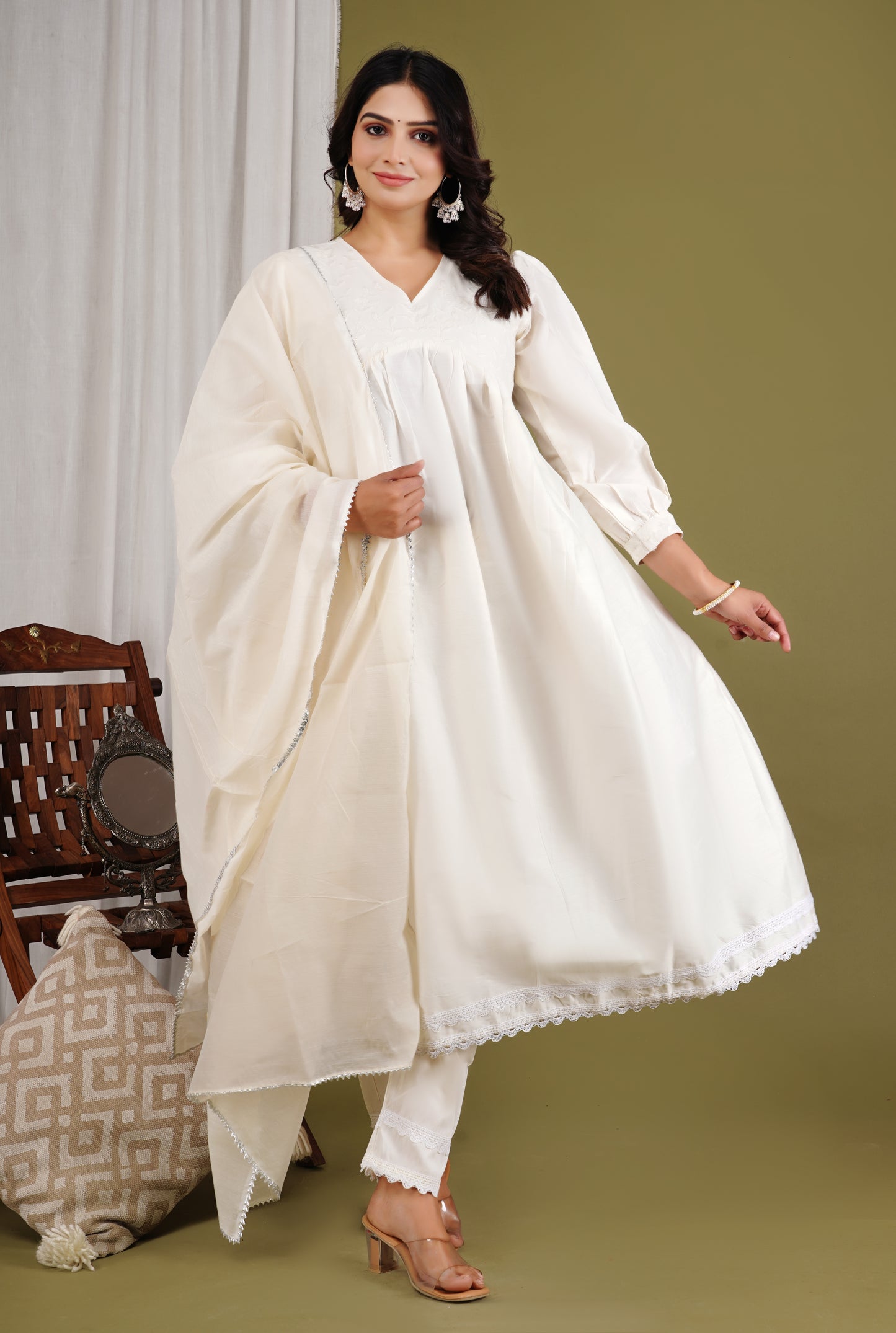 Chanderi Cotton White Applique Embroidery Anarkali Salwar Suit