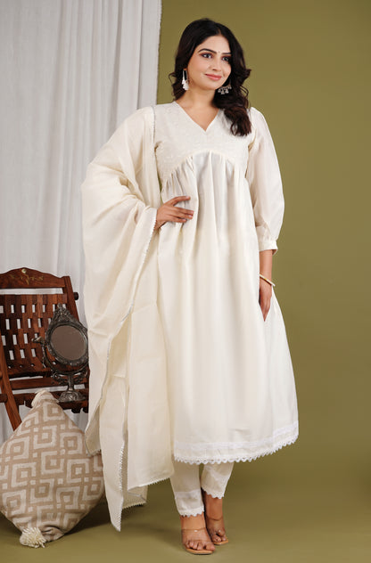 Chanderi Cotton White Applique Embroidery Anarkali Salwar Suit