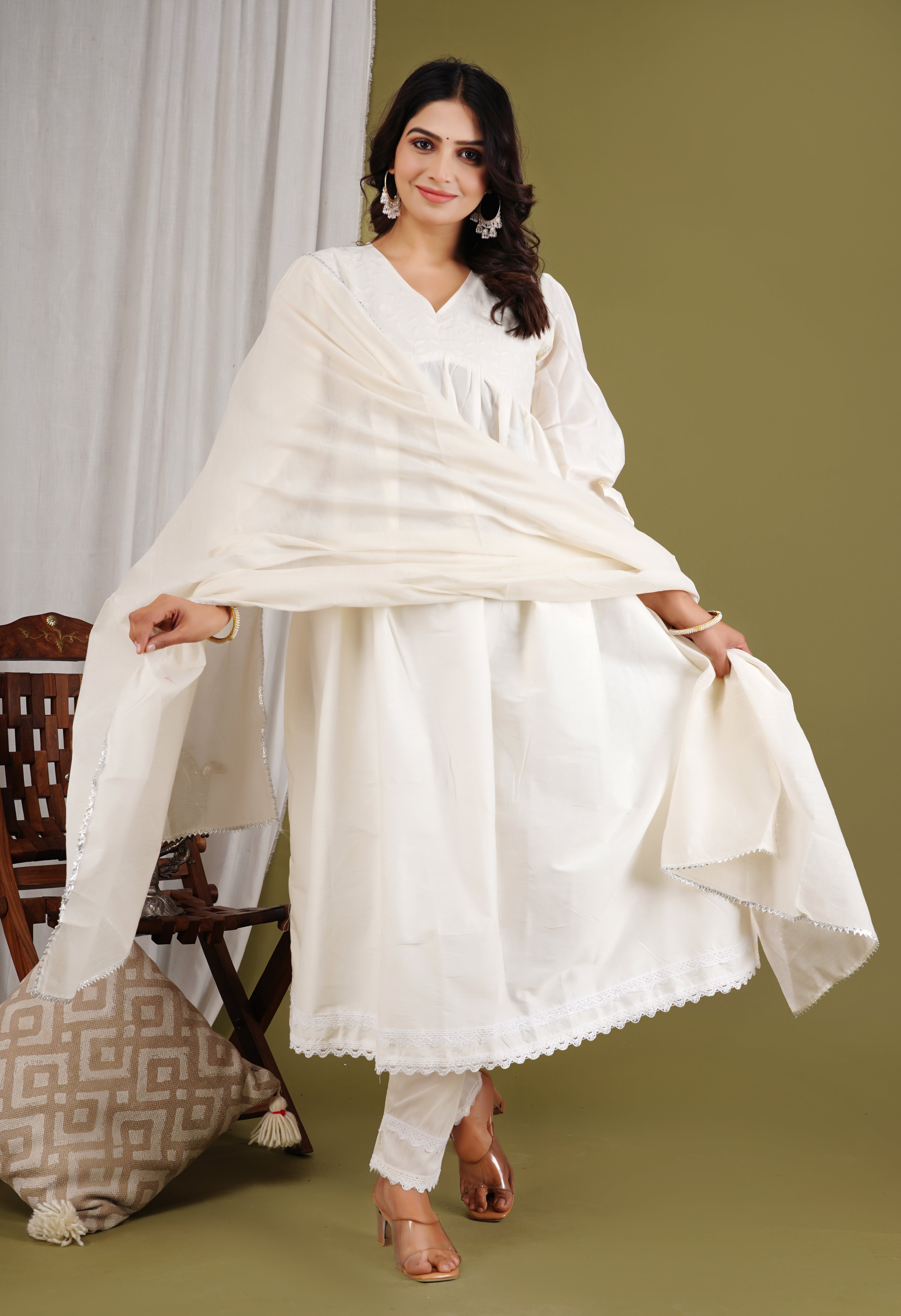 Chanderi Cotton White Applique Embroidery Anarkali Salwar Suit